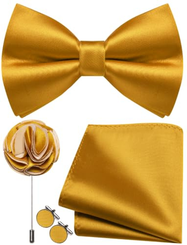 Ailisus Herren-Fliege und Einstecktuch, Manschettenknöpfe, Anstecknadel-Set, Seide, vorgebundene Fliege, verstellbar, Hochzeit, Party, Business, Dark Gold, Einheitsgröße