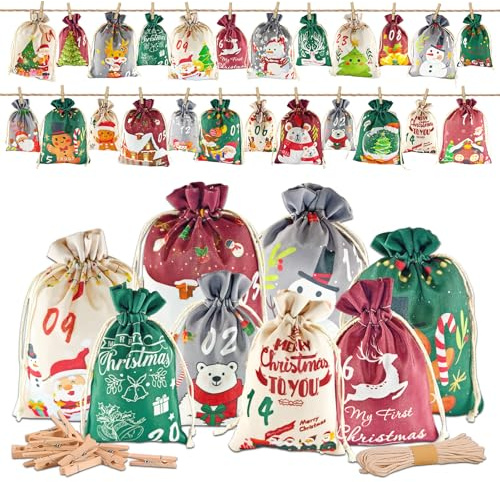 Adventskalender zum Befüllen 2025 Kinder 24 Stück DIY Weihnachtskalender Beutel Stoff Befüllbar und Aufhängen 2 Größen Wiederverwendbar Adventskalender für Kinder Junge Männer Mädchen