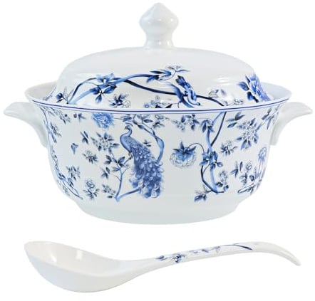 FROOWAN Zuppiera in ceramica con coperchio e cucchiaio, ciotole in porcellana con manici per cucina, feste di intrattenimento, motivo floreale blu e animali, 2,5 l, adatta al microonde e alla