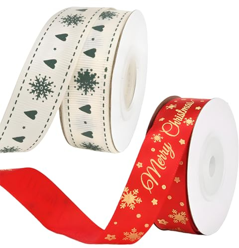 Geschenkband Weihnachten,2 Rollen Schleifenband Weihnachten,Weiß Rot Rotes Ribbon,Breites Band Satinband,Weihnachts Geschenkbänder Gift Weihnachtsbaum,Christmas Dekoration (10 Yards/Rollen)