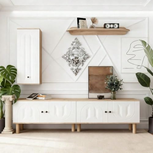 3-teilige Wohnwand in Weiß/Holz mit geschnitzten Türpaneelen – Highboard, Schränke & Wandboard