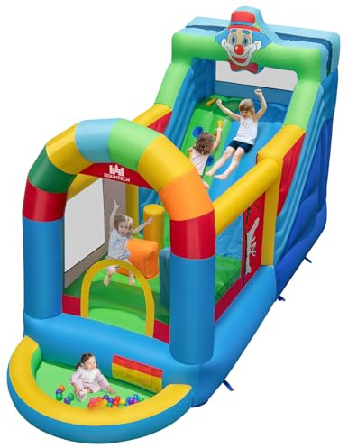 COSTWAY Hüpfburg mit Rutsche, Kletterwand, Sprungbereich und Bällchenbad, Bouncy Castle für Kinder, Innen- und Außenbereich, inkl. Tragetasche, Reparaturset, 440 x 185 x 234 cm