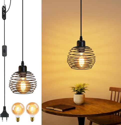 ZMH Pendelleuchte Esstisch Hängelampe Vintage Esstischlampe Schwarz 1 | Flammig Industrial mit 4.5M Kabel mit Stecker und Schalter Pendellampe inkl. 2 × 4W E27 LED-Leuchtmittel (2700K) für Küche