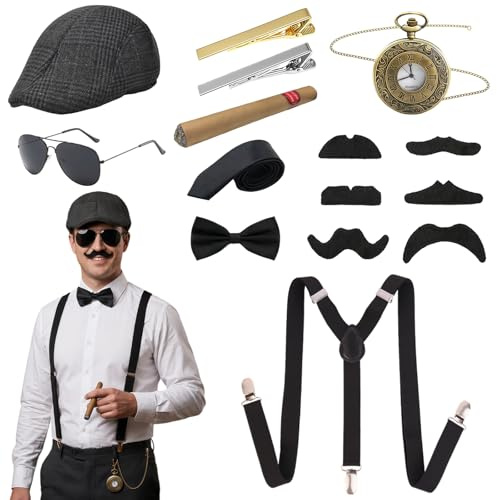AYNKH 20er Jahre Kostüm Herren, Mafia Gatsby Gangster Accessoires mit Panamahut, Hosenträgern, Taschenuhr, Brille, Fliege, Krawatte und Bart im Peaky-Blinders-Stil für Karneval Halloween