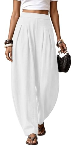 ziubauyke Womens Barrel Leg Trousers Cotton Linen Balloon Trousers Summer High Waisted Harem Trouser Ladies Wide Leg Palazzo Trouser Loose Fit Boho Baggy Lounge Pant with Pockets