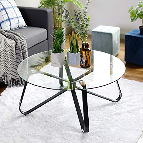 FITATHOME Table Basse Ronde en Verre trempé, Style Minimaliste, Table Basse Centrale Moderne avec Base en Fer Noir pour la Maison, Le Salon, la terrasse, Le Jardin (80 x 80 x 40 cm)
