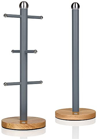 Swan Nordic Slate Grey Kitchen Accessory Set with Mug Tree and Towel Pole, Bamboo Bases, Easy Storage, Soft Matte Finish, STP1012GRYN