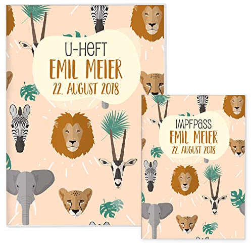 Cozy Racoon U-Heft- und Impfpasshülle mit Personalisierung| 3- teiliges Set |Hochwertige Hülle für Untersuchungsheft und Impfpass Deines Kindes | Design Safari