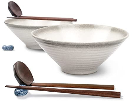 Ramen Soup Bowl Set, Japanese Ceramic Noodle Bowl with Spoons and Chopsticks for Pho, Udon Rice and Salad, Traditional Hand-Made Gift (Gray&Beige, 2×1000ml)