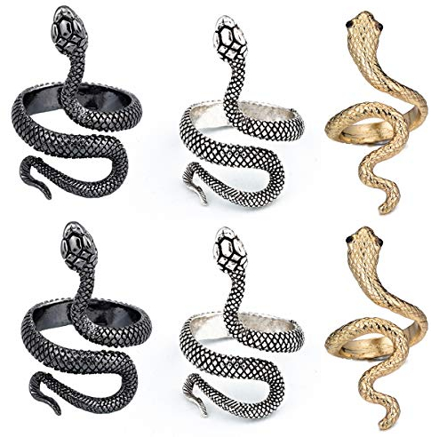 Yueser Schlange Ring, 6 Stücke Verstellbarer Schlangenring Punk Vintage Ringe für Damen Männer (Gold,Silber und Schwarz)