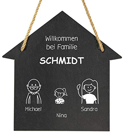 Geschenke 24 Schiefertafel personalisiert Hausform Willkommen im Comic Stil (3 Figuren): Türschild Familie Eingangstür Haustür - Schiefertafel mit Gravur - Geschenke, Wanddeko
