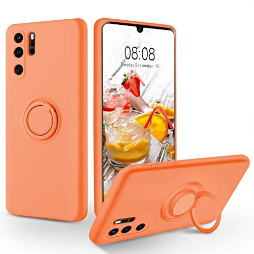 SouliGo Huawei P30 Pro Case Silicone Soft Gel Rubber Cover, 360° Ring Holder Kickstand for Magnetic Car Mount Slim Anti-Scratch Protective Shockproof Phone Case for Huawei P30 Pro 6.47 - Kumquat