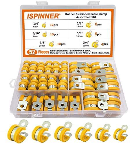 ISPINNER 52-teiliges Kabelschellen-Sortiment-Kit, 304 Edelstahl, Gummi-Rohrschellen in 6 Größen, 1/4 Zoll, 5/16 Zoll, 3/8 Zoll, 1/2 Zoll, 5/8 Zoll, 3/4 Zoll (gelb)