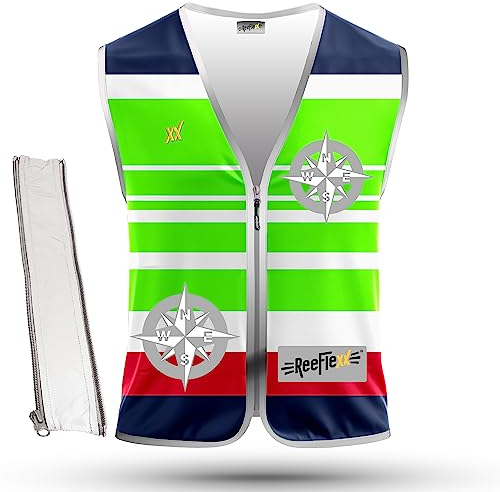 REEFLEXX Herren Warnweste inkl. Größen-Adapter, Warnweste erhöht Sichtbarkeit im Straßenverkehr durch Reflektoren, Farben und Muster, Green Nautic Compass - Größe L