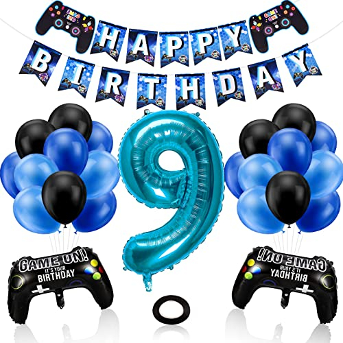Phoetya Dekorationen zum 9. Geburtstag für Jungen, Gaming-Motto-Geburtstagsparty-Dekorationsset für Gamer, Happy Birthday-Banner, Game-Controller-Luftballons, schwarz-blaue Luftballons für Kinderparty