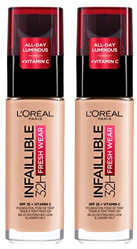 2x L'Oréal Paris Infaillible 32h Fresh Wear SPF 25 Foundation Waterproof Long Lasting Ultra Atmungsaktiv Farbe 110 Vanille Rose - 2 Foundation mit je 30 ml