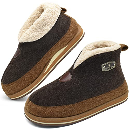 KuaiLu Zapatillas Casa Bota Hombre Invierno Fieltro Cerradas Babuchas Caballero Caliente Peluche Lana Divertidas Pantuflas Botines Comoda Ortopedicas Microondas Slippers Antideslizante Suela Marrón 46