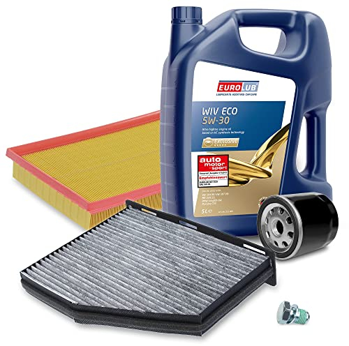 BESTPRICE Inspektionspaket Filterset mit 1x Ölfilter; 1x Luftfilter; 1x Innenraumfilter; 1x Ölablassschraube; 1x Motoröl 5W-30 5 l, KOMPATIBEL MIT - SKODA OCTAVIA 2, VW CADDY, GOLF PLUS V, GOLF 5
