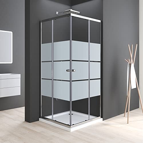 Duschkabine 90x90cm Eckeinstieg mit Schiebetüren Duschkabine Milchglas Duschabtrennung 6mm ESG Milchglas Streifen Duschwand Höhe 185cm