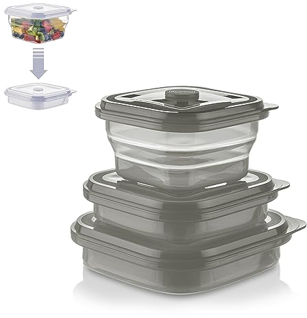 KLIPPSI® Fiambrera plegable, juego de 3 fiambreras, fiambreras de silicona platino, resistentes al calor, al frío, a prueba de fugas, aptas para lavavajillas (gris)