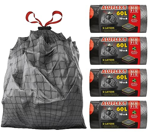 ALUFIX Starke Müllsäcke 60L - ALUFLEXY - 64x69 cm - 4 Rollen mit Zugband mit je 10 Stück - Material LDPE - Extrem Reißfest Schwarze Mülltüten - Für Gastronomie, Haushalt, Reparaturen, Gewerbeabfälle