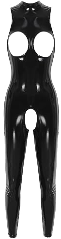 FEESHOW Frauen Lackleder Body Wetlook Catsuit Brust Und Schritt Offen Jumpsuit Latex Rubber Gummi Ganzanzug Party Clubwear A_Schwarz 4XL