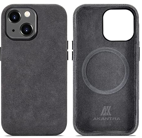 AKANTRA Alcantara Hülle für Apple iPhone 15, handgefertigt, vollständig umwickelt, synthetisches Wildleder, kompatibel mit Magsafe Wireless Charging (iPhone15, Schwarz)