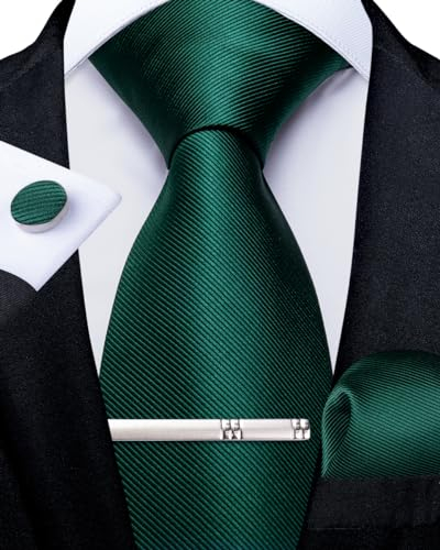 DiBanGu Grün Krawatten für Männer Seide Smaragdgrün Krawatten mit Taschentuch Manschettenknöpfe Krawattenklammer Set für Hochzeit Formell 5PCS