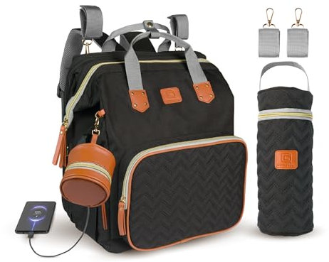Quino & Co Sac à dos à couches pour poussette avec berceau extensible pour femme et homme (unisexe) avec crochets, housse pour biberon, tétine USB | Cadeau pour bébés nouveau-nés, Noir , M