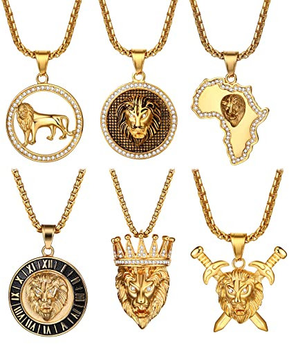 JewelryWe Schmuck 4pcs Löwen Halskette Herren Edelstahl Zirkonia König Löwe Löwenkopf Krone Schwert Medaillon Anhänger mit 22 Zoll Kette Gold Geschenk für Männer Jungen