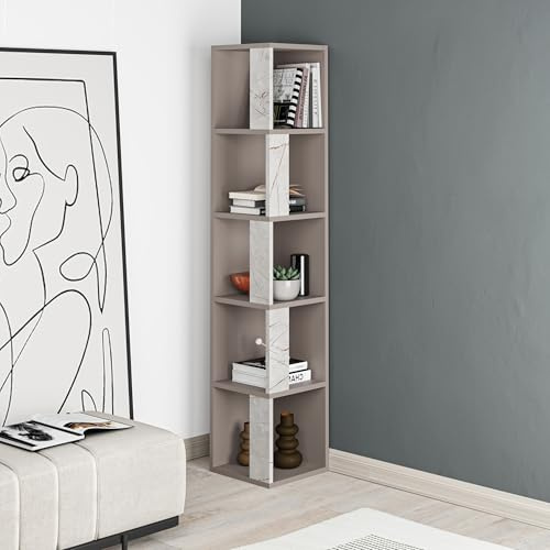 HOCUS PICUS 5 Tier Corner Bookcase, Light Mocha, Gold Marble Effect