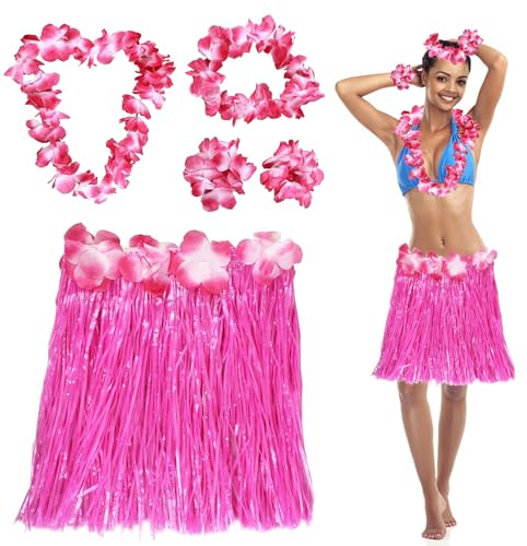 Toyhood 5Pcs Hawaiian Hula Grass Skirt Set, Hawaiian Fancy Dress Grass Skirts with Flowers Garlands Bracelet Headband Necklace Colorful Set, Tropical Luau Party Decorations, for Summer Beach Party