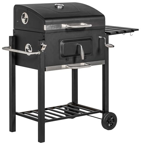Outsunny Charcoal Grill BBQ Trolley with Adjustable Charcoal Grate, Garden Metal Smoker Barbecue with Shelf, Side Table, Wheels, Built-in Thermometer, Bottle Opener