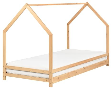 Beliani Kinderbett Lattenrost 90x200 cm Himmelbett Hausform Kiefernholz Hellbraun Appy