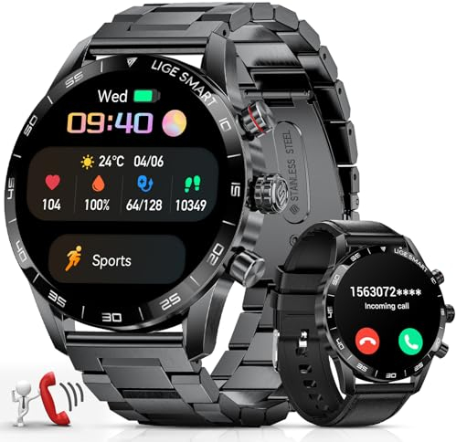 LIGE Smartwatch Herren 1.43 Zoll AMOLED-Display, Smartwatch mit Telefonfunktion und Sprachassistenz Herzfrequenz SpO2 124 Sportmodi Fitnessuhr Smart Watch für iOS Android