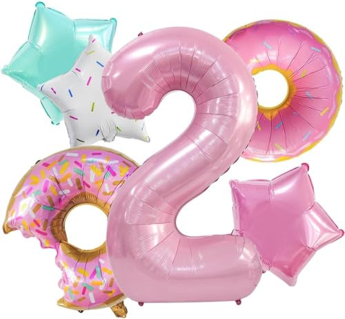 Luftballon 2. Geburtstag 6 Stück Geburtstagsdeko 2 Jahre Mädchen Folienballon Deko 2. Geburtstag Luftballons Rosa Donut Sterne Folienballons