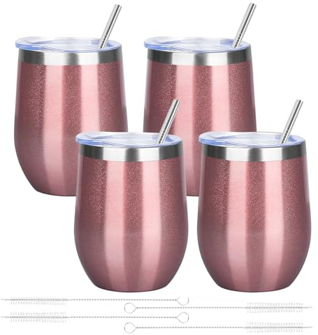 YEBTS Life 12oz/4 Pack Wine Tumbler Glasses with Lid Stemless Double Wall Vacuum Stainless Steel Travel Tumbler Keeping Cold & Hot for Wine,Coffee,Cocktails,Drinks-Family and Gifts(Rose gold)