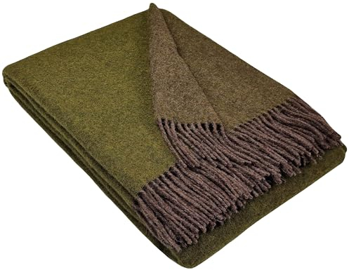 STTS International Wolldecke 100% Schurwolle Wohndecke in versch. Farben 140 x 200 cm Tagesdecke Schurwolldecke Woll-Plaid Tirol (Braun-Olive (Double face), 140 x 200 cm)