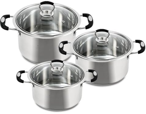 AKH HOUSEWARE Stock Pot Casserole Dish - Large Heavy Duty Stainless Steel Stockpot with Lid & Silver Mirror Coated, Soft Touch Silicone Handle (28cm+30cm+32cm (Set of 3))