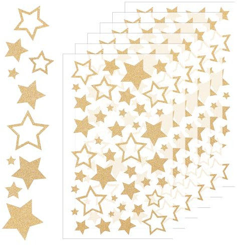 6 Blatt Stern Aufkleber,252 Stück Glitzer Stern Sticker,Star-Etiketten Dekorative Aufkleber,Stern Aufkleber Selbstklebend zum Basteln,für DIY Weihnachten Deko Weihnachtskarten,Bastelarbeiten(Gold)