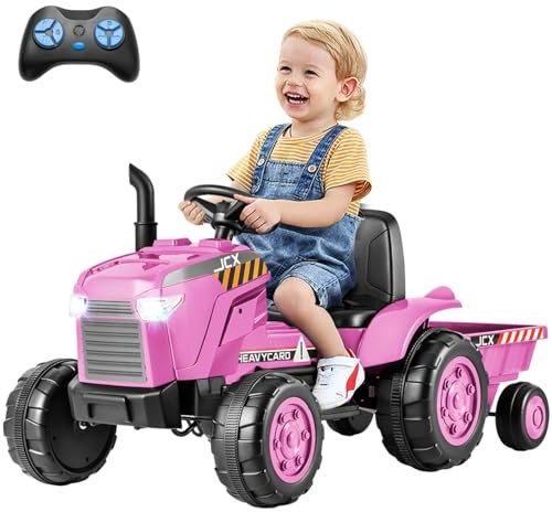 Maxmass 12V Kids Ride on Tractor, Battery Powered Electric Car with Detachable Trailer, Remote Control, Wireless Connection, USB, Music, Electric Construction Vehicle for 3-8 Years Old (Pink)