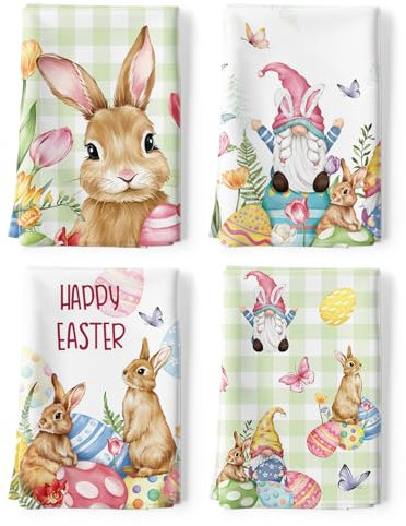 Arquiel 4er Set Geschirrtücher Ostern Hase Küchentücher Frühling Zwerge Blumen Dekorative 100% Baumwolle, 48 x 70 cm, Trockentücher Saugstarke Geschenk, Küche Dekoration