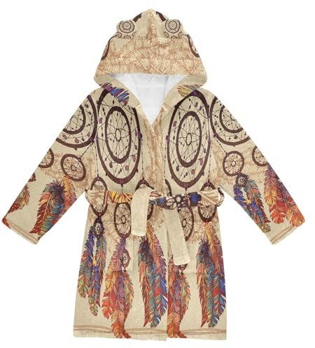 YOUJUNER Kinder-Bademantel mit Kapuze, ethnischer Traumfänger, Boho, Mädchen, Jungen, Morgenmantel, weicher Plüsch, Nachtwäsche, saugfähig, Pyjama, Nachthemd, mehrfarbig, 4-6 Years