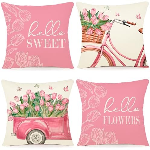 ZWJD Blumen Kissenbezug frühling 45x45 4er Set Kissen FrühlingDekokissen Leinen Kissenhülle Kissenbezüge Florales Aquarellgemälde Kissenhüllen für Sofa Wohnzimmer Deko frühling Zierkissen 45x45cm