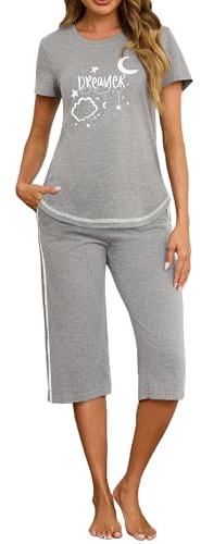 Terecey Pigiama Donna Corto Estivo Pigiami 2 Pezzi in Cotone Cómodo Casual Top Maniche Corte e 3/4 Pantaloni Leggero Traspirante Set Pigiama con Tasca e Cintura Elastica para Casa