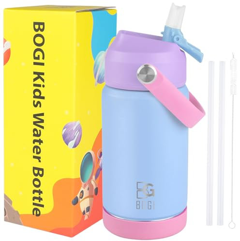 BOGI Kids Metal Water Bottle with Straw, 350ml Kid Stainless Steel Water Bottle for School Leak Proof Insulated Water Bottle for Boys Girls Toddlers Children Keep Drinks 12h Hot & 24h Cold | Color