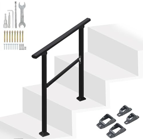 YedZen Rampe d'escalier en acier au carbone - 67 cm - Rampe réglable avec traverses pour 1 à 2 marches - Main courante noire pour l'intérieur et l'extérieur - Balustrade, balcon