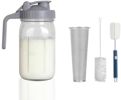 Cold Brew Coffee Maker Pitcher - Thick Glass Mason Jar | With Stainless Filter,Leakproof Flip Lid, Ergonomic Handle for Iced Coffee, Tea, Lemonade, Homemade Drinks (Grey - 32oz)