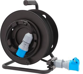 BERGER CEE Kabeltrommel 25 m | Outdoor Verlängerungskabel Strom CEE Kabel mit Stecker und Buchse | Robuste Stromstecker Kabelbox Spritzwassergeschützt IP44 | Stromkabel Aufroller