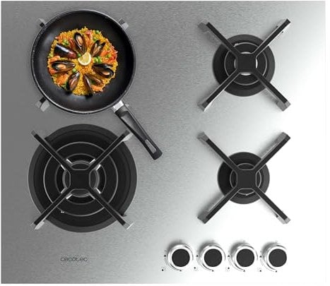 Cecotec Piano Cottura a Gas a 4 Fuochi Bolero Squad G 4400S Inox. 8 kW, Triplo Anello, Acciaio Inox, Griglie Ghisa, Bruciatore WOK, Accensione Elettronica, Sistema Sicurezza, Conversione a Gas Butano